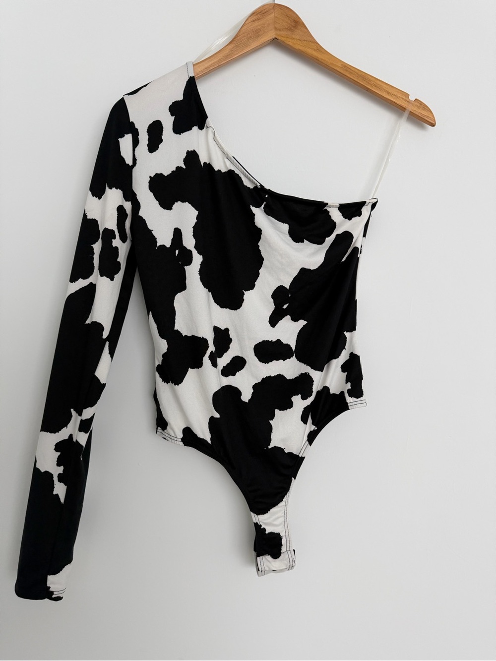 Y2K cow print Asymmetric One-Shoulder Bodysuit‎ in Black and White medium